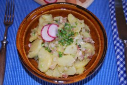 You’ll find two types of potato-salad in Germany. In the north of Germany they use mayonnaise for the potato-salad. And in the southern part of Germany they use vegetable broth for the potato-salad mostly with radish and many chives.