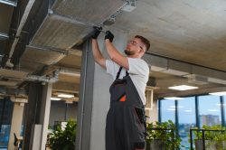 Professional technician working on hvac ductwork installation and maintenance, ensuring optimal air quality in a contemporary office environment